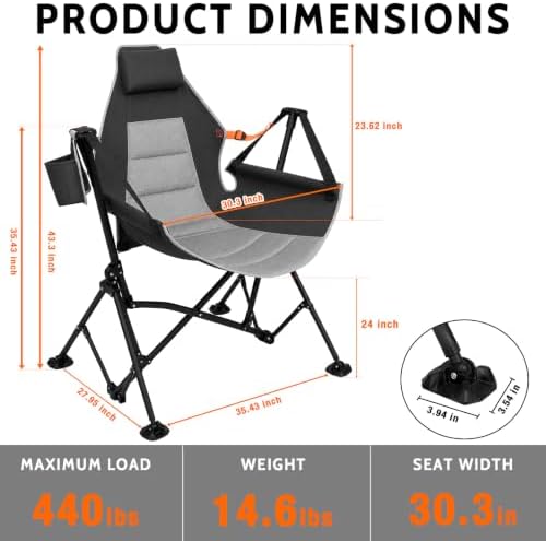 Romswi 1 Pcs Hammock Chair, Oversized Portable Folding Swinging Chair with Adjustable Back & Seat, Supports 440lbs for Outdoor, Patio, Lightweight Camp Chair Black (Without footrest)