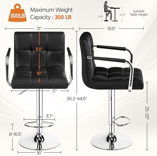 Yaheetech Bar Stools Set of 2, Swivel with Backs, Adjustable Height, Black