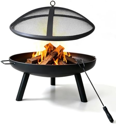 23inch Portable Fire Pit with Fire Poker and Spark Screen, 2 in 1 Small Round Outdoor Fireplace for Outside Heating, Bonfire Party, Camping, Backyard, Patio, Garden, RV Trip