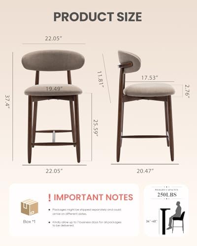 Bar Stools Set of 2, 25.6″ Counter Height Bar Stools with Wood Legs