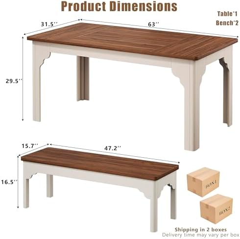 HUAHUU 63" Farmhouse Dining Table Set for 4-6, Kitchen Table with 2 Benches, Space Saving 3-Piece Rectangle Wooden Dinette Table Set for Dining Room, Breakfast Nook, Small Space, Brown & White