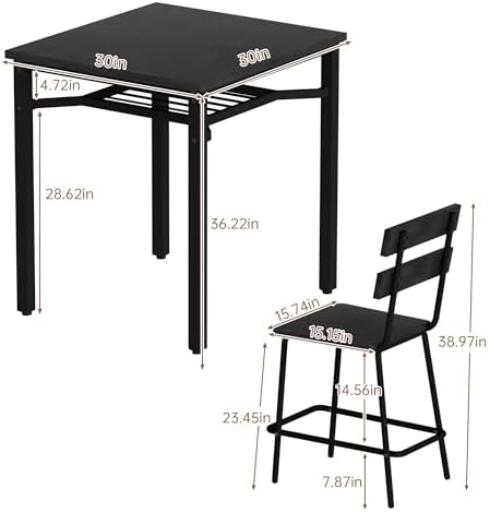 Hooseng 3 Piece Bar Table and Chairs Set, Counter Height Small Dining Table with 2 Bar Stools, Farmhouse Square Kitchen Table with Storage for Bistro, Pub, Small Space