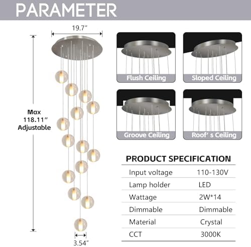 14 Lights Staircase Chandelier for High Ceiling, Dimmable Modern Crystal Raindrop Large Long Hanging Pendant Light for Stairwell Living Room Stair Foyer, Bulbs Included (Nickel Canopy)