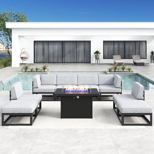 LayinSun Large Aluminum Patio Furniture Set with Fire Pit Table