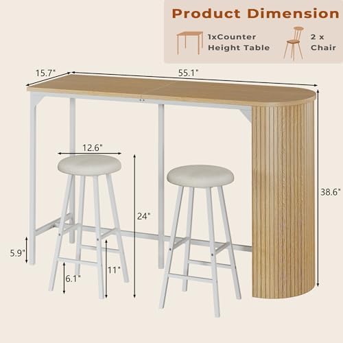 Fluted Bar Table and Chairs Set, 55'' Long Bar Tables with 2 Stools, 3 Piece Counter Height Dining Table for 2, Space Saving Kitchen Table for Bar, Dining Room, Kitchen, Breakfast Nook Corner, Natural