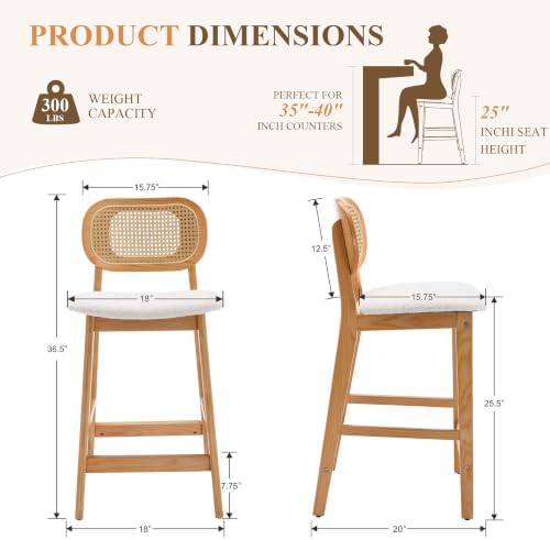 Shunzhi Rattan Bar Stools Set of 3, Upholstered Farmhouse Barstools with Woven Back, Boho Wood Kitchen Island Chairs, Comfy Counter Height Bar Chairs for Pub/Home Bar, Cream Faux Fur