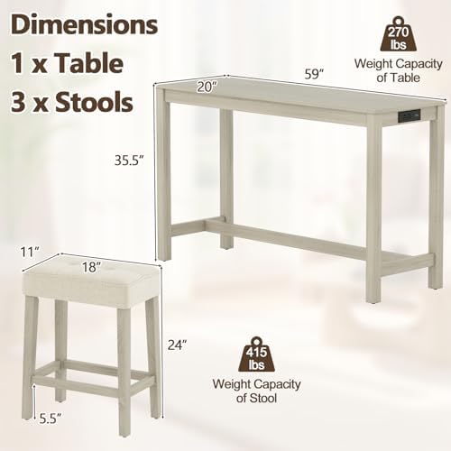 Giantex 4-Pieces Bar Table Set with Charging Station, 59-inches Dinner Tables with 3 Padded Stools, Adjustable Foot Pads, Space-Saving Dining Table Set for Dinette, Dining Room, Kitchen