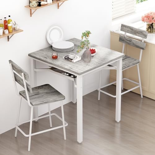 Hooseng 3 Piece Bar Table and Chairs Set, Counter Height Small Dining Table with 2 Bar Stools, Farmhouse Square Kitchen Table with Storage for Bistro, Pub, Small Space