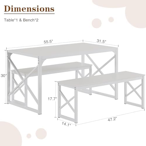 VECELO 55” Kitchen Dining Table Set for 4, Heavy-Duty Steel Frame & Wood-Grain Tabletop, Space-Saving Dinette Sets with 2 Benches for Breakfast Nook and Small Space, White