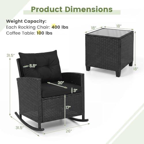 ORALNER 3 Pieces Patio Rocking Chair, Black Wicker Bistro Set (Black)