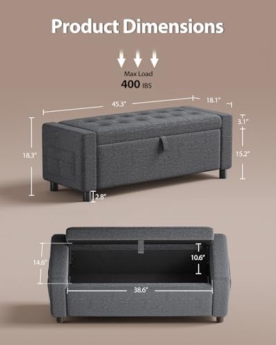 Amada 46" Storage Ottoman Bench, Side Pocket, Safety Hinge, Dark Gray