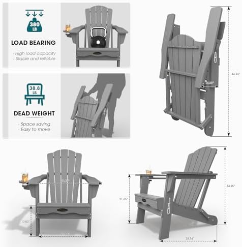 THOEOE Folding Adirondack Chair, All-Weather Fire Pit Chair with Cup Holder