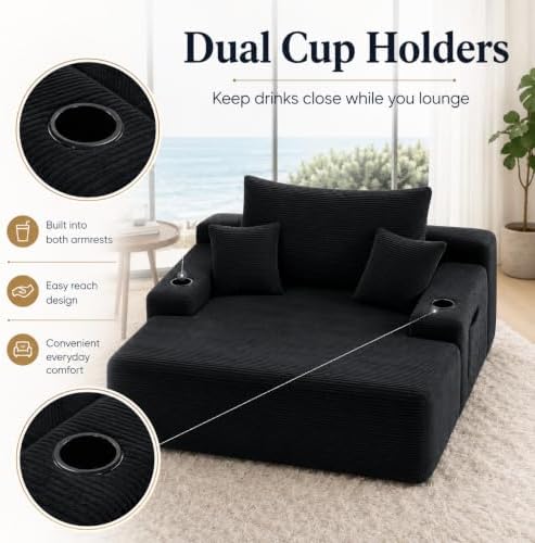 67" Oversized Chaise Lounge Chair Indoor, Corduroy Cloud Couch with 3 Pillows, Deep Seat Sleeper Sofa, No Assembly Required, Comfy Reading Chair for Living Room/Bedroom (Black)