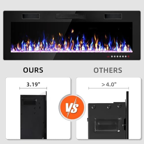 50 Inch Electric Fireplace, Ultra Thin Fire Places Electric Fireplace Inserts Recessed and Wall Mounted with Remote Control & Button Panel, 750W/1500W Fireplace Electric Heater with Timer, Multi-Flame