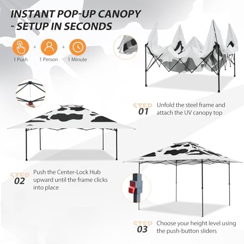 EAGLE PEAK 13x13 Pop Up Canopy Tent, Auto Extended Eaves, Cow Print