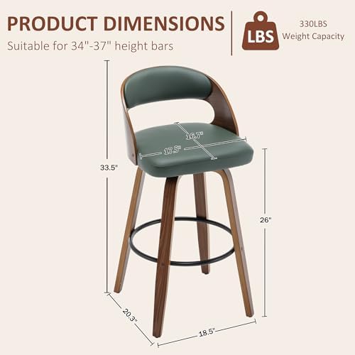 AQG Swivel Bar stools Set of 2 Bar Chairs 26" Counter Height Mid-Century Modern Bentwood Barstool PU Leather Upholstered Bar Chair with Back and Footrest, for Bar, Cafe, Dining, Kitchen Island, Green