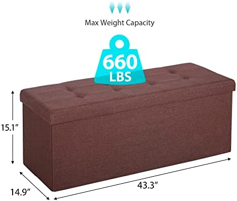 SUPER DEAL 43 Inches Foldable Storage Ottoman Bench - 660 LBS Collapsible Space-Saving Seat, Linen Fabric Foam Padding for Living Room Bedroom Dorm - Easy to Assemble, Brown