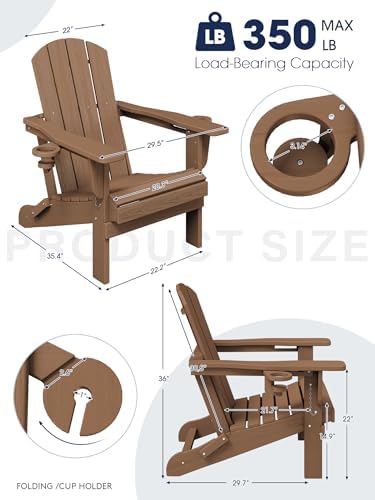 KINGYES Folding Adirondack Chair Set of 2 with 2 Cup Holders, Brown