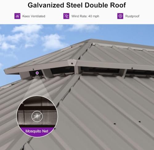 PURPLE LEAF Metal Gazebo 10' x 16' Champagne Galvanized Steel Double Roof