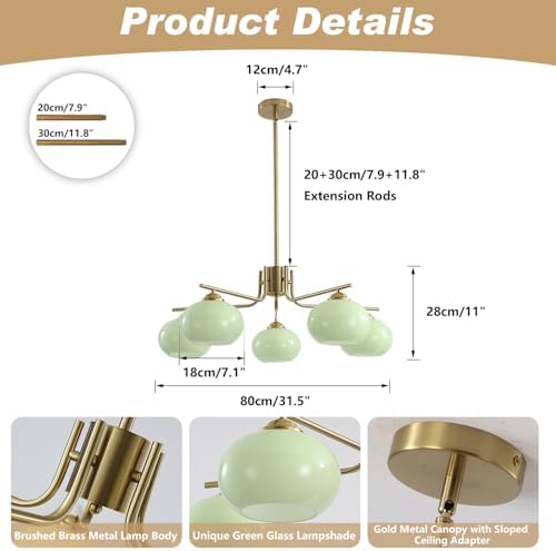 KCO Lighting Green Glass Pendant Light 5 Light Large Globe Chandelier Brushed Brass Sputnik Chandelier Mid Century Modern Chandelier Light Fixture for Dining Room Bedroom