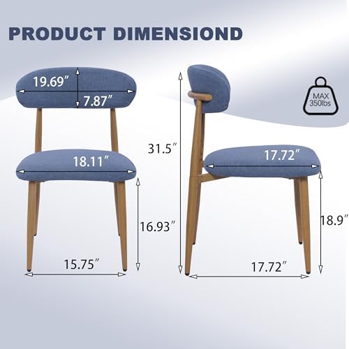FREKEN Modern Upholstered Dining Chairs Set of 4, Mid-Century Metal Frame with Wood Grain, Linen Fabric Side Chair for Kitchen Dining Room, 350lbs Capacity, Blue