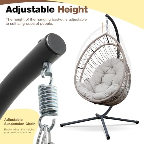 Upgraded Core-Spun Polyester Rope Hanging Egg Chair w/Stand, Foldable Swing Seat, 350LBS, No PE Rattan Shedding, Weatherproof, Never Fray, Full Surround Cushion for Patio Balcony. (Grey Cushion)