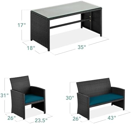 Best Choice Products 4-Piece Outdoor Wicker Patio Conversation Furniture Set for Backyard w/Coffee Table, Seat Cushions - Black/Peacock
