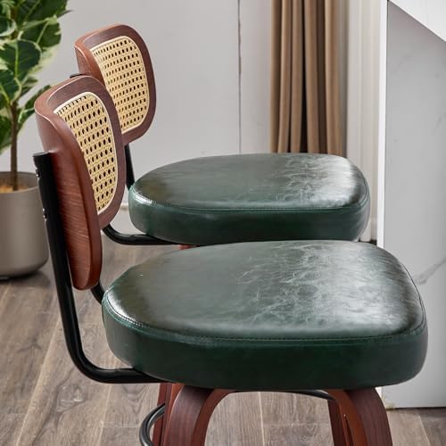 KEEZY Natural Rattan Bar Stools Set of 2, 26 Inch Counter Height Barstools with Backs, PU Leather Seat, 360° Swivel, Wood Legs, Mid-Century Modern Bar Chairs for Kitchen Island, Home Bar(Dark Green)