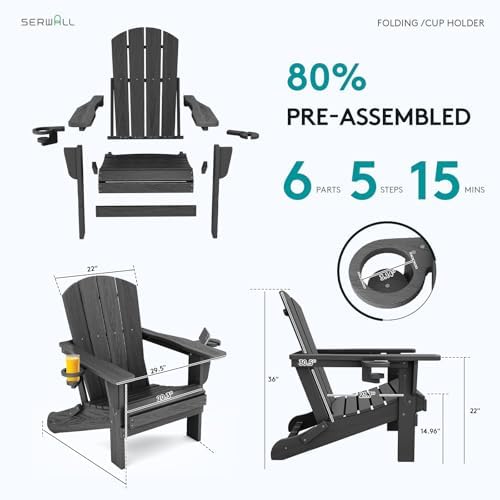 SERWALL Outdoor Adirondack Chair Set of 2 with 2 Cup Holders,Foldable,Grey