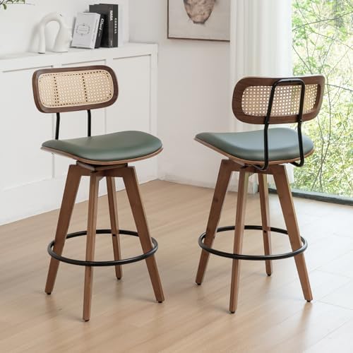 26" Rattan Bar Stools Set of 2,Faux Leather Counter Height Swivel Barstools with Rattan Backrest/Wooden Legs,Armless Mid Century Modern Bar Chairs for Kitchen/Dining Room/Bar Chairs,Green PU