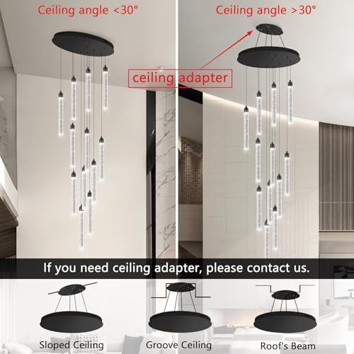 12-Lights Modern Chandeliers for Entryway High Ceiling Chandelier LED Dimmable Long Lights Fixture Pendants Lighting Crystal Chandeliers for Hallway Foyer Living Room Black Finished Lighting