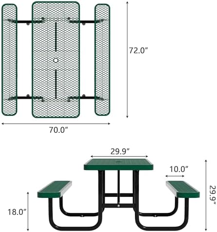 Picnic Tables for Outdoors,Commercial Metal Picnic Table Bench Set with Umbrella Hole,School Canteen Tables W/Seats - Heavy Duty Sturdy Picnic Tables Furniture for Patio Garden (Green, 6FT)