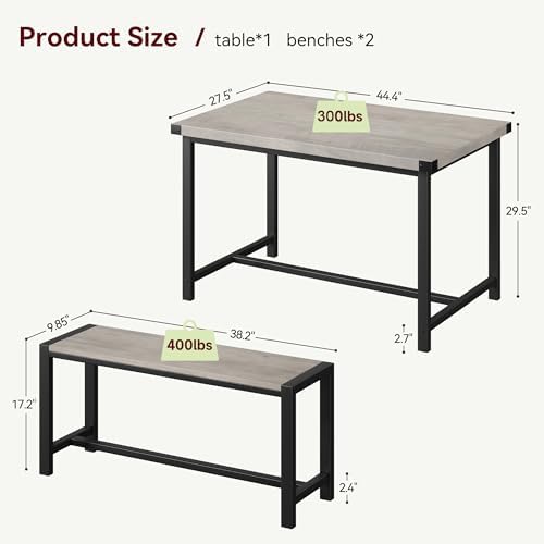 Dining Table Set for 4 with 2 Benches, 3-Piece Kitchen Table Set, Space-Saving Dining Set for Kitchen, Dining Room, Gray