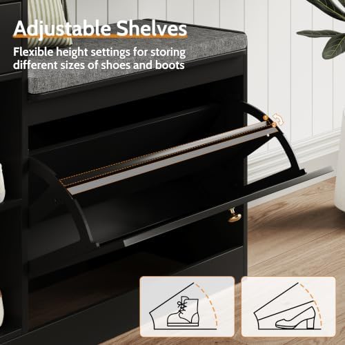 Shoe Storage Bench, Modern Wooden Shoe Cabinet with Flip Drawer and Adjustable Shelf, Entry Way Bench with Padded Seat Cushion for Entryway, Hallway, Living Room,Black