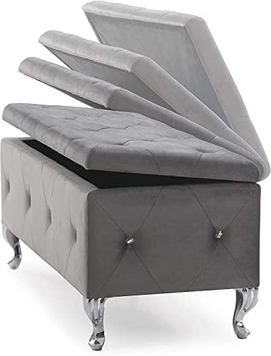 AC Pacific Glam 38 Inches Storage Ottoman Bench for Entryway, Hallway, Living Room, and Bedroom, Upholstered Tufted Faux Leather Ottoman with Storage, Foot Rest and Organizer, Fossil Gray