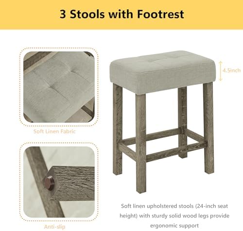 Merax 59" Bar Table Set with Power Outlet,Industrial Breakfast Table with 3 Upholstered Stools w/Footrest,4 Piece Counter Height Bar Table and Chair Set for Living Room,Dining Room,Kitchen,Brown