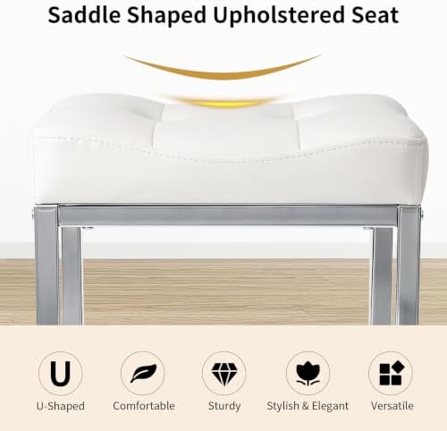Saddle Seat Vanity Stool, Makeup Stool Chair with Metal Legs White&Silver