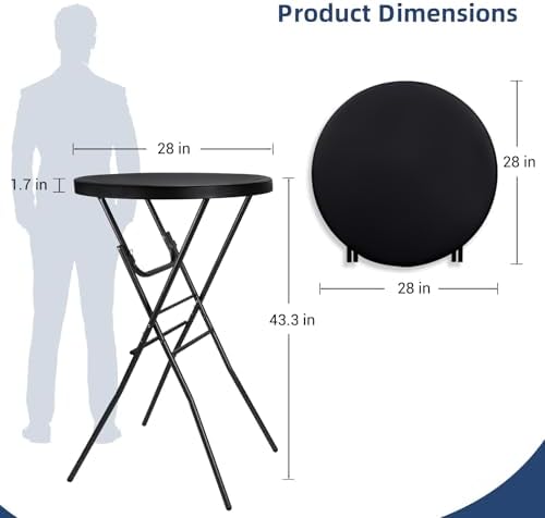Byliable 28in Folding Cocktail Table, Round Bar Height Table, Black 2-Pack