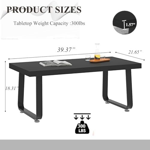 HSH 39" Wood Rectangle Coffee Table for Living Room, Black Oak