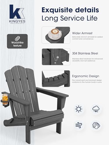 KINGYES Folding Adirondack Chair Set of 6 with Cup Holder, Grey