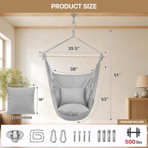 Athena Collection Hammock Chair Hanging Rope Swing, Gray