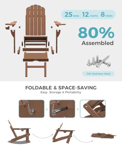Ciokea Rocking Adirondack Chairs Set of 2 with Retractable Ottoman (Teak)