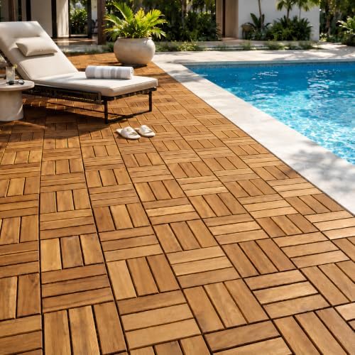 THYOI Premium Deck Tiles, 10 Pcs Patio Flooring - Golden Teak - Crossed