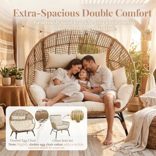 NICESOUL 6 Piece Boho Patio Furniture Set, 500lbs Heavy Duty Wicker Outdoor Sectional with Double Egg Chair, Cozy L-Shape Couch Sofa Seating w/Glass Coffee Table, Beige
