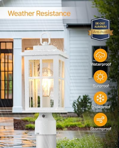 Dusk to Dawn Outdoor Post Lights, White Post Lights Outdoor with Pier Mount Base, Waterproof Lamp Posts Outdoor Lighting with Tempered Glass for Garden, Porch(Hardwired 120V, Not Solar)