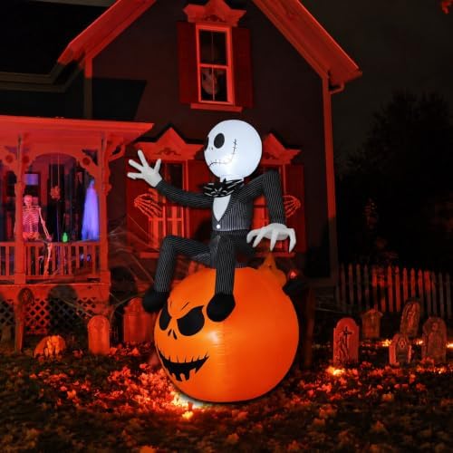 6Ft Inflatable Halloween Yard Decoration - Outdoor Blow Up Skeleton & Pumpkin Decoration - Built-in LED Lights for Halloween Lawn Outdoor Decoration