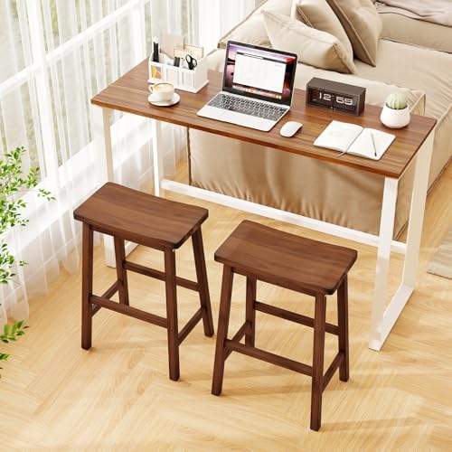 COSTWAY 24-inch Solid Wood Saddle Stools Set of 4 with Footrests, Walnut
