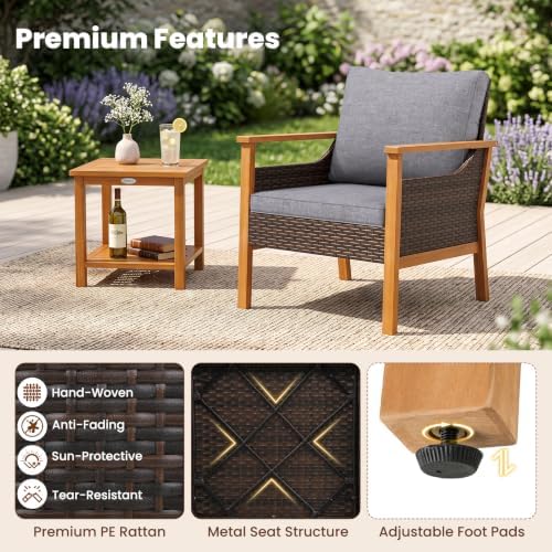 Tangkula 3 Pieces PE Wicker Patio Bistro Set (Gray)
