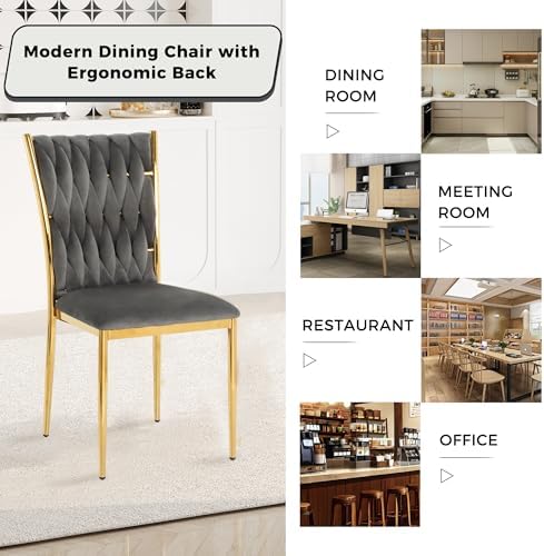 Modern Grey Velvet Dining Chairs Set of 4 with Woven High Back