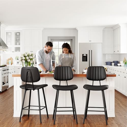Raynesys 24-Inch Leather Bar Stools Set of 2 with High Backrest, Black